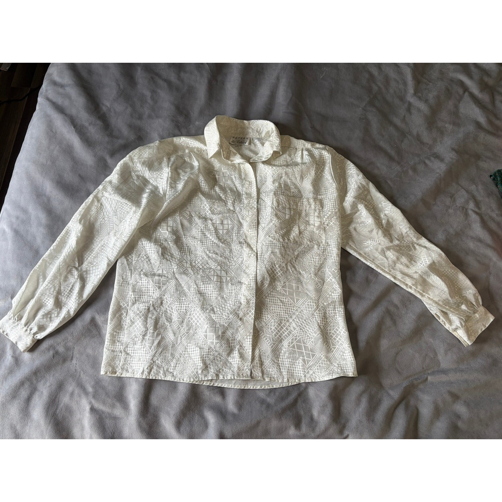 Peters & Ashley Vintage Ivory Geometric Jacquard Button Down Blouse Size 14